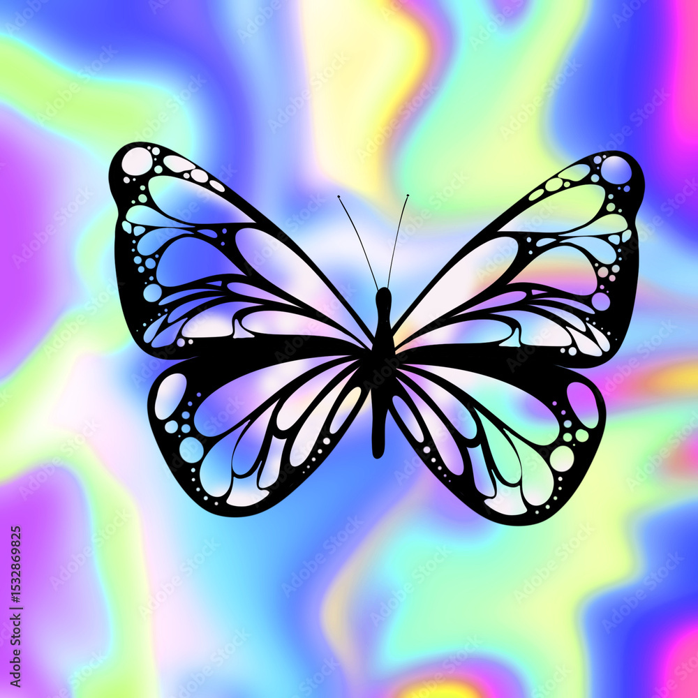 Naklejka premium Butterfly silhouette floating on pastel swirl with cutout wings, transparent background, copy space