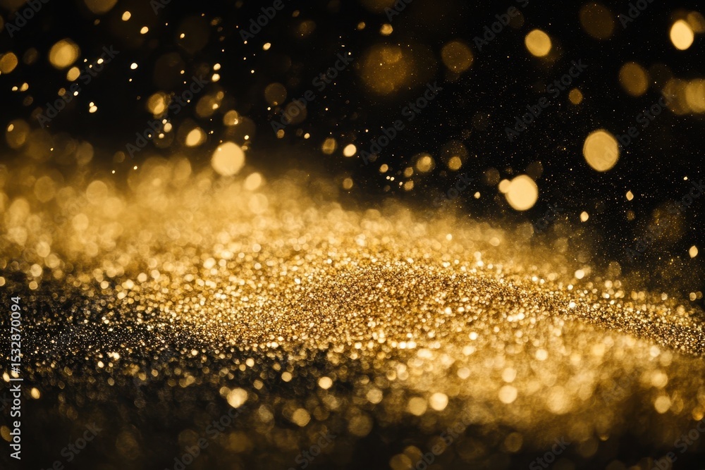 Naklejka premium Luxury gold dust particles shimmering against a black background creates a captivating visual effect, Luxury gold dust with a black background