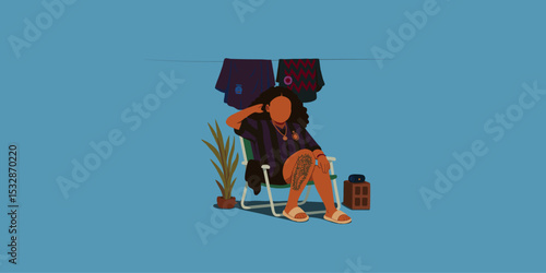 Afro-Brazilian woman sitting in a chair in the favela with football shirts on a clothesline – minimalist vector art with blue background