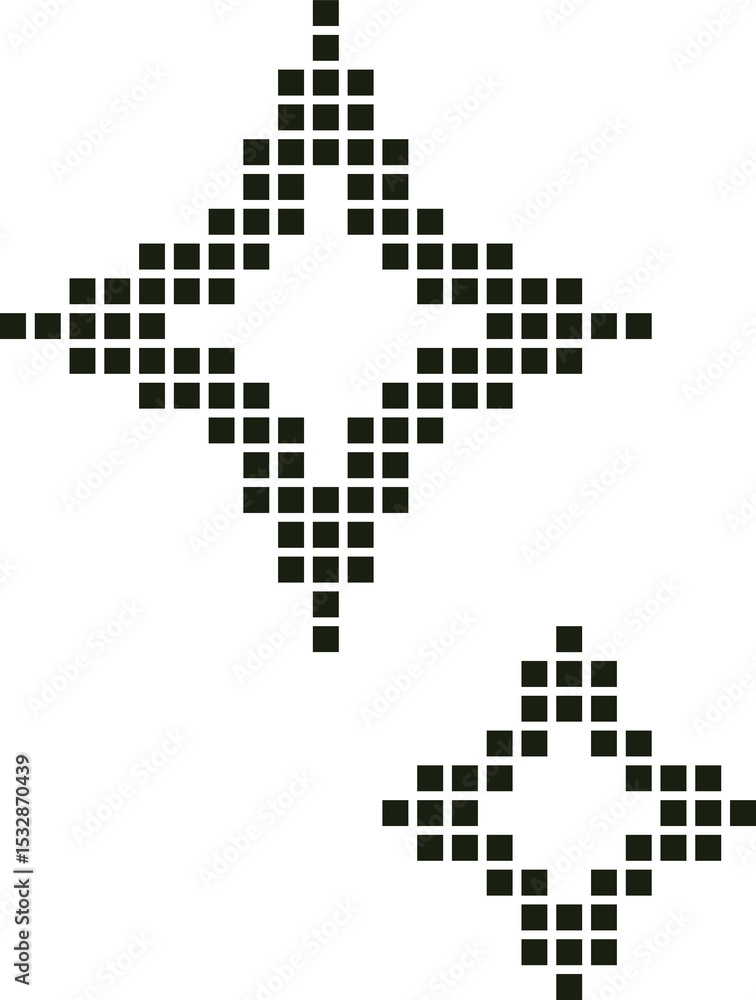 Fototapeta premium Two pixel stars floating on transparent bg, showing larger and smaller diamond outlines and cores