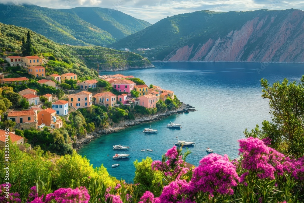 Fototapeta premium Scenic view of Assos village in Kefalonia with colorful houses overlooking the tranquil bay, Traditional greek village Assos in Kefalonia island, Greece Beautiful nature