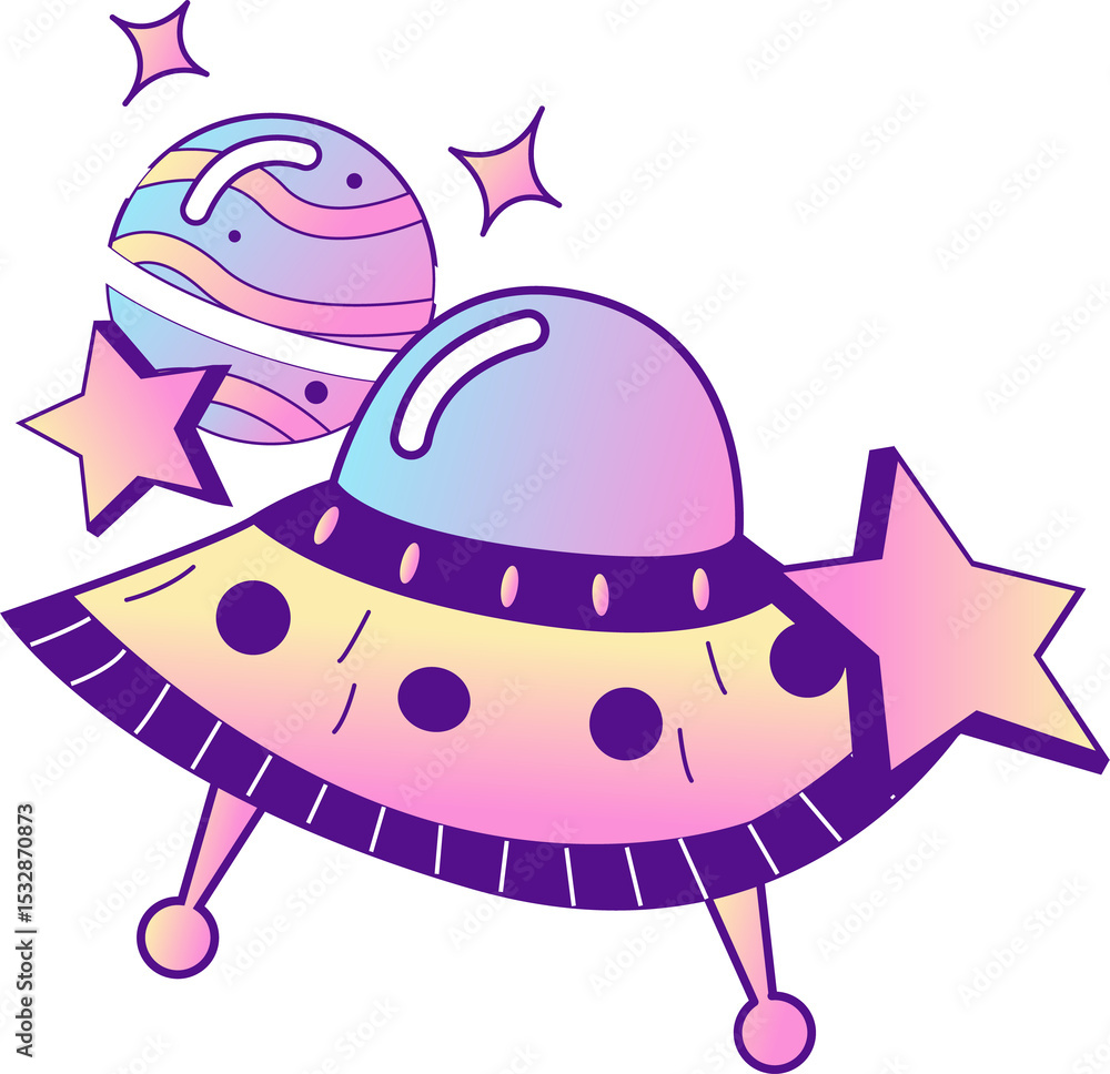 Fototapeta premium Flat design pastel UFO is hovering with clear dome, ringed planet and stars, transparent background