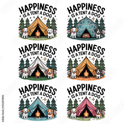 Set of whimsical hand-drawn t-shirt designs featuring dogs and tents with “Happiness is a Tent and a Dog”