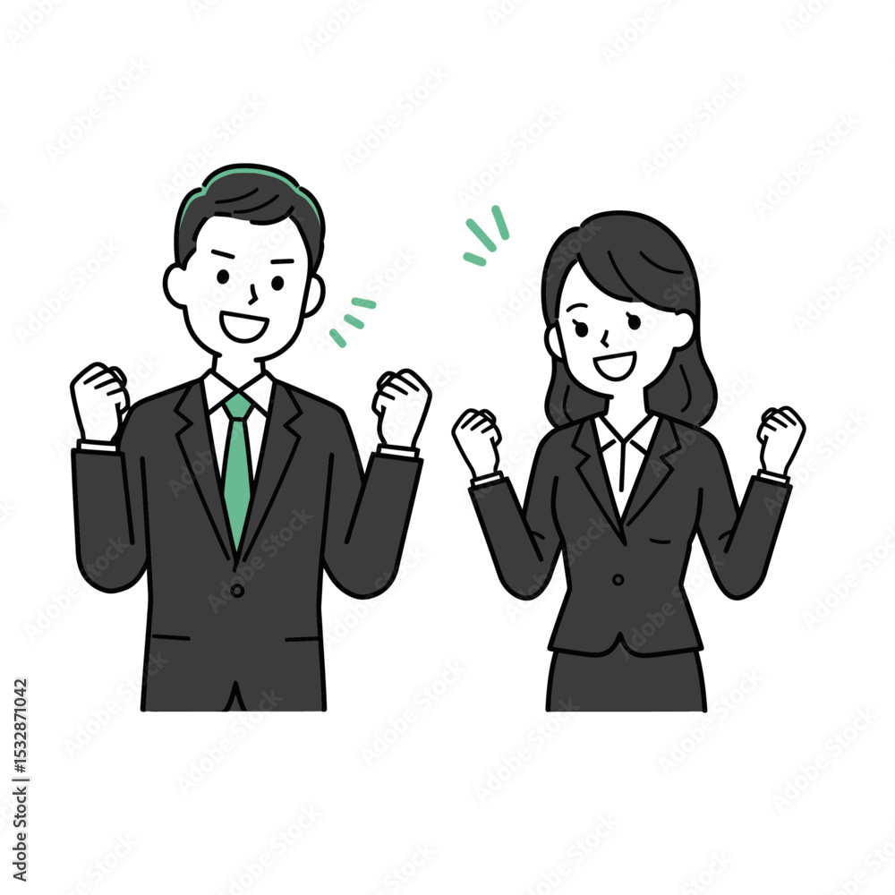 Two smiling office workers a man and woman are raising their fists in a gesture of success Two smiling office workers a man and woman are raising their fists in a gesture of success
