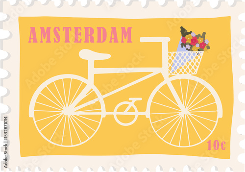 Photography Flat design stamp showing white bike with flowers under pink AMSTERDAM text, tra