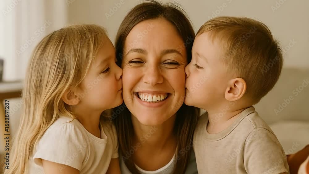 A mother enjoys a delightful experience with her two children who shower her with kisses, highlighting their loving bond and joy in a warm, inviting home atmosphere A mother enjoys a delightful experience with her two children who shower her with kisses, highlighting their loving bond and joy in a warm, inviting home atmosphere