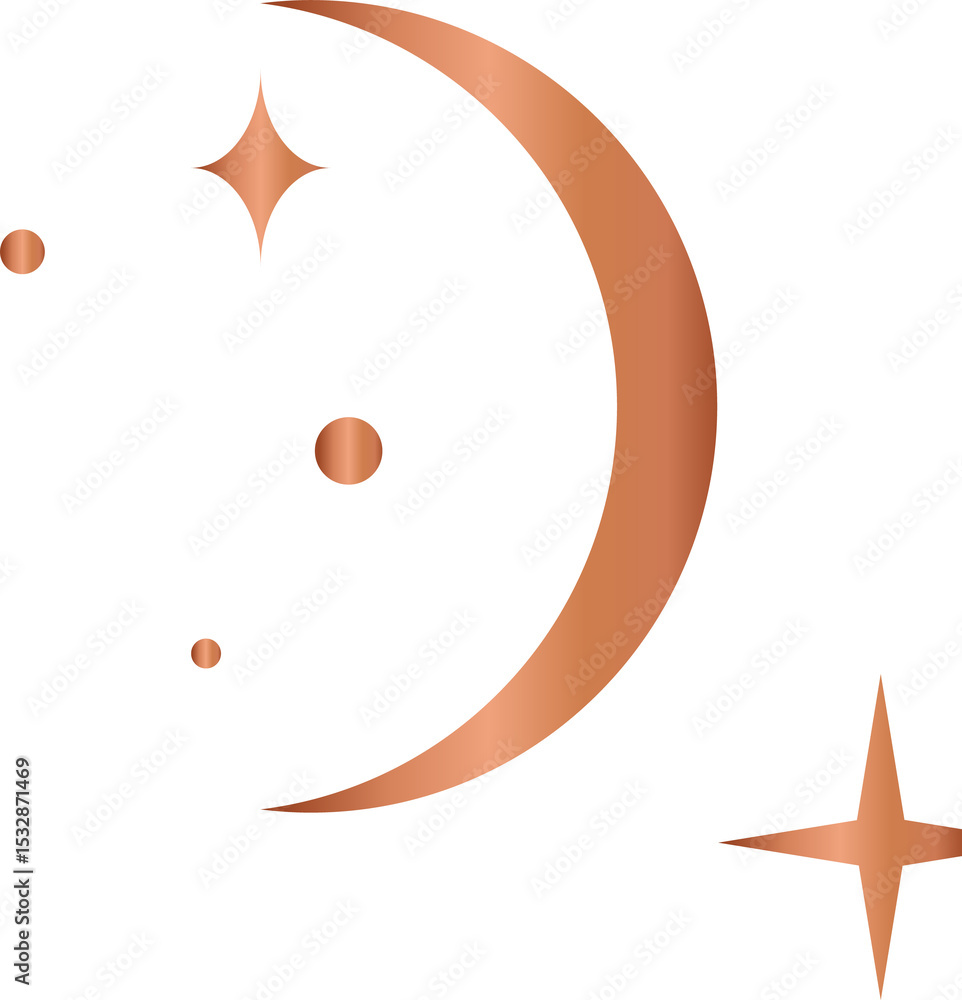 Naklejka premium Showing rose-gold gradient crescent moon floating amidst disks and starbursts on transparent canvas