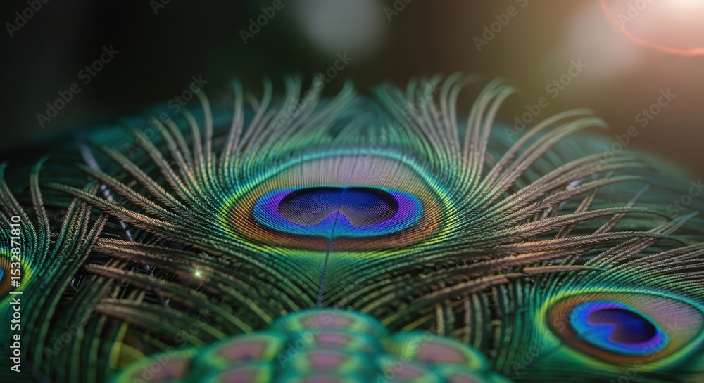 Naklejka premium Closeup Vibrant Peacock Feather with Iridescent Blue and Green Colors in Soft Natural Light