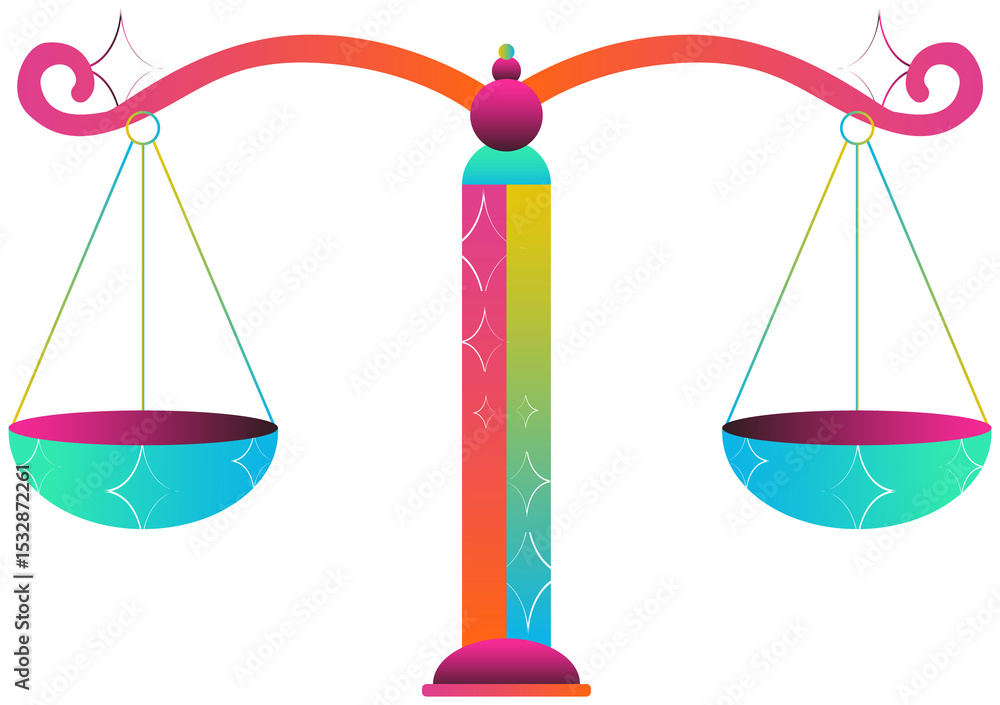 Fototapeta premium Showing gradient balance scale with beam and hanging pans, sparkly stars on transparent background