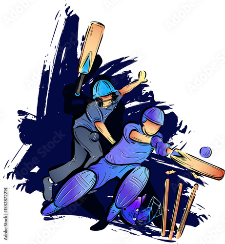 Two cricket players are batting and catching ball near stumps in flat design with transparent bg