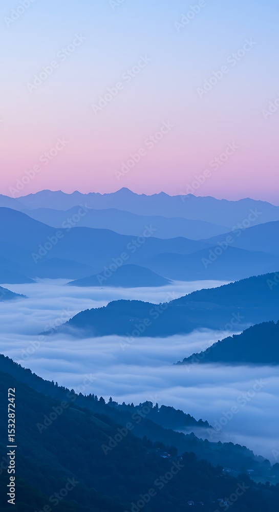 Fototapeta premium Serene Sunrise Misty Mountain Landscape Photography