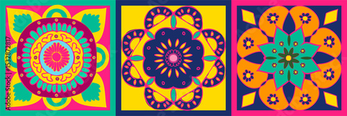 Valokuva Three-panel flat vector graphic is displaying stylized floral mandalas on transp
