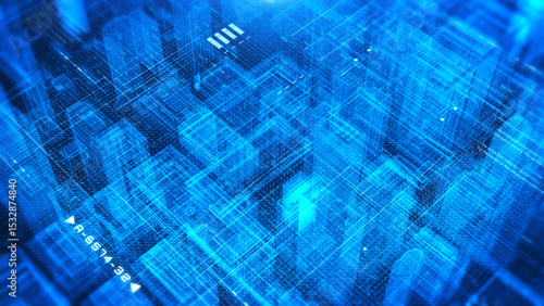 Futuristic smart city, skyscraper top view with hud digital ui system panel. Security data network communication illustration background.
