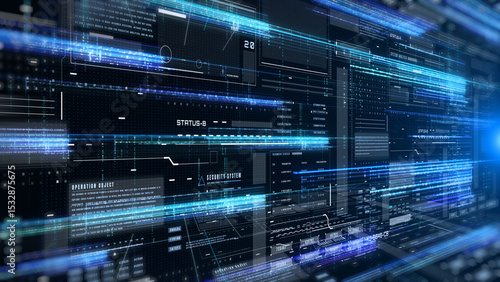 Technology digital grid line hologram big data landscape view concept. HUD UI system hologram, ai construction illustration background