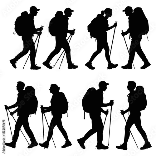 Silhouettes of people hiking with backpacks poles