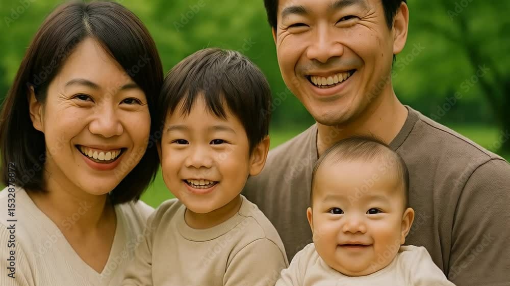 A family gathers in a green park on a sunny day, sharing laughter and joy with their two young children. The atmosphere is warm and cheerful A family gathers in a green park on a sunny day, sharing laughter and joy with their two young children. The atmosphere is warm and cheerful