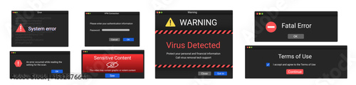 Error notifications on isolated background. Viruses message on the screen.