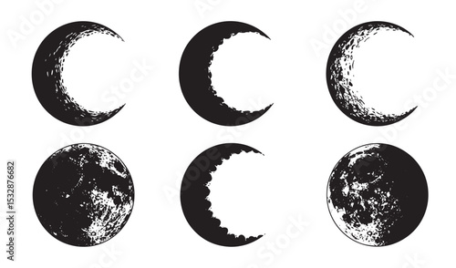 Stylized black and white lunar phases illustration depicting crescent moon phases and full moons against white background