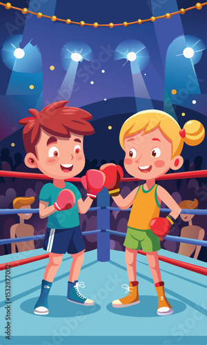 Cartoon illustration of two children boxing in a boxing ring ready for a friendly match