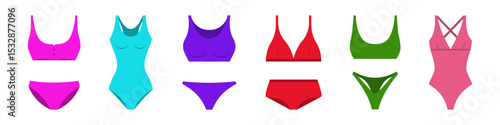 Colorful one piece and two piece swimsuit set. Stylish purple monokinis and green bikini for swimming and sunbathing on sea and ocean beaches with classic fashionable design