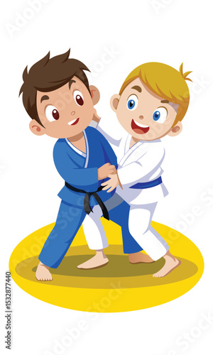 Cartoon illustration of two young boys practicing judo sport and demonstrating a hold.