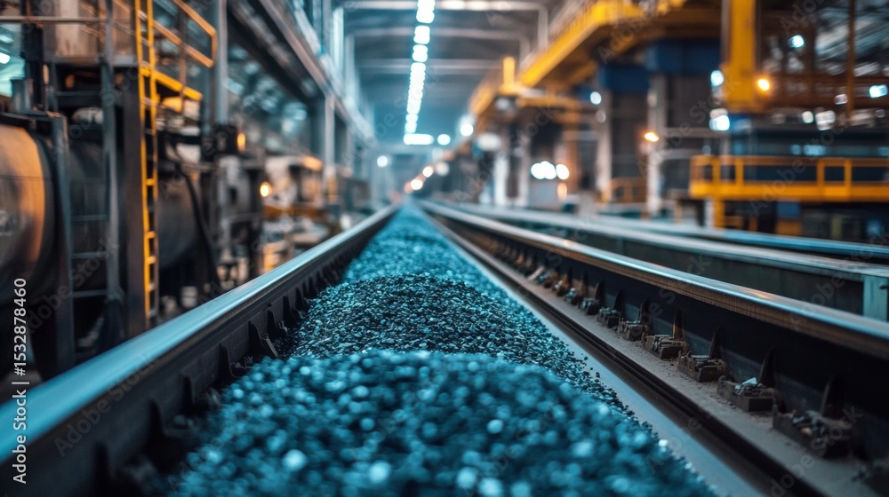 Blue rocks transported on industrial conveyor belt modern mining facility factory production heavy machine line Blue rocks transported on industrial conveyor belt modern mining facility factory production heavy machine line