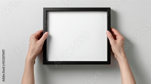Hands Holding Blank Black Frame Mockup on White Wall