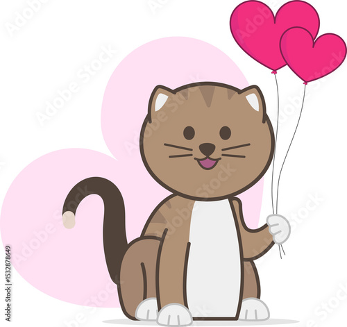 Fototapeta Naklejka Na Ścianę i Meble -  Flat design cat is holding three pink heart balloons against pink heart with transparent background