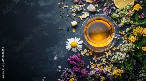 Wallpaper Mural Herbal tea with flower arrangement on dark table relaxing natural health beverage lifestyle floral aroma Torontodigital.ca