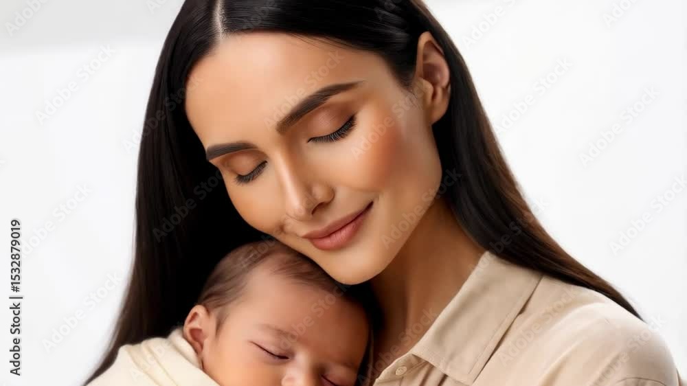 In a calm indoor environment, a mother embraces her peacefully sleeping baby swaddled in a soft blanket, radiating warmth and tenderness In a calm indoor environment, a mother embraces her peacefully sleeping baby swaddled in a soft blanket, radiating warmth and tenderness