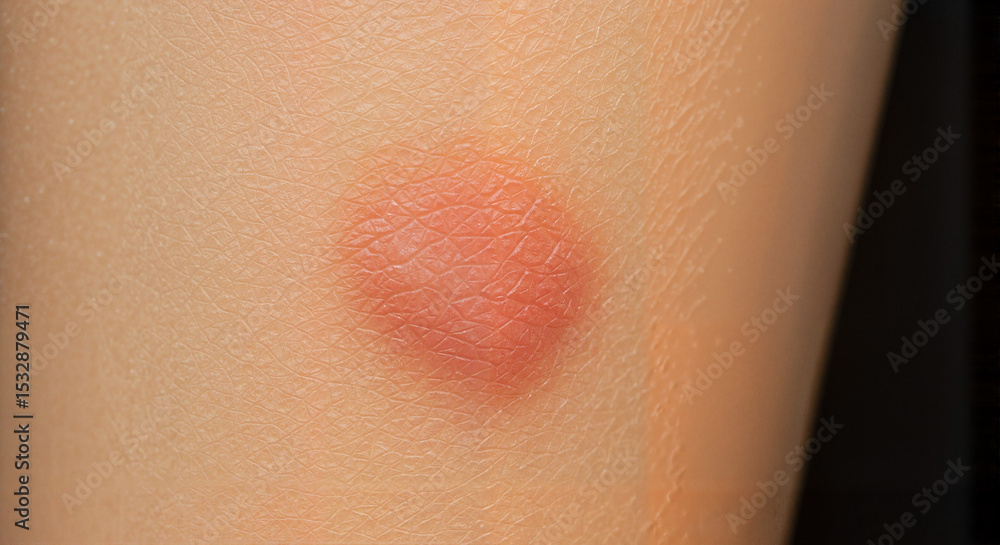 Fototapeta premium Skin close-up with red circular rash on light arm background 
