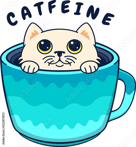 Fototapeta Naklejka Na Ścianę i Meble -  Cat is peeking from turquoise coffee cup in flat, showing Catfeine text on transparent background