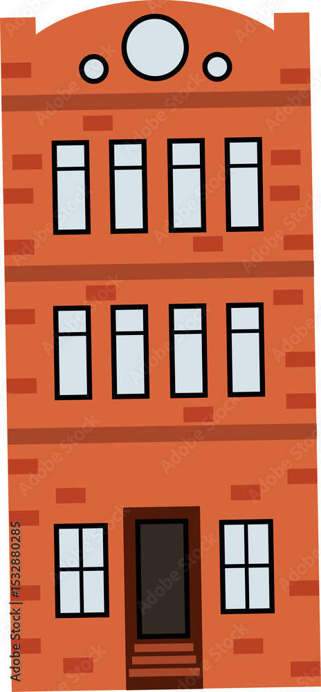 Obraz premium Cartoon art showing red brick facade with door, multi-pane circular windows, transparent background