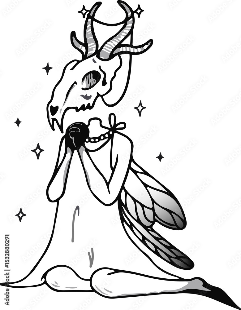 Fototapeta premium Mythical creature is kneeling in gown on transparent bg with horned skull, wings, beads, sparkles