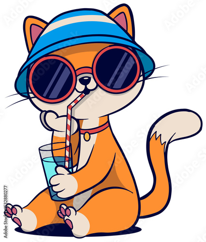 Fototapeta Naklejka Na Ścianę i Meble -  Flat design cat is sipping blue drink from glass, wearing bucket hat  and  shades, transparent backd
