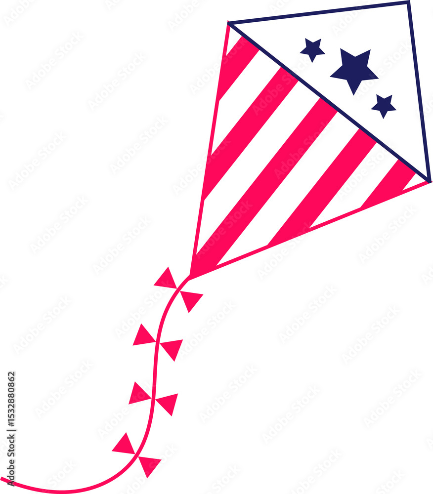 Obraz premium Gliding flat kite showing red stripes, navy star panel, string bows on clear background, copy space
