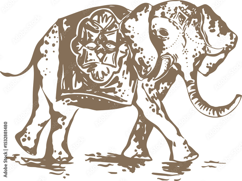 Obraz premium Stylized elephant is walking in brown stencil design with decorative cloth, transparent background