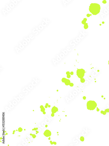 Neon green splatters and droplets are spreading diagonally on transparent background, flat design