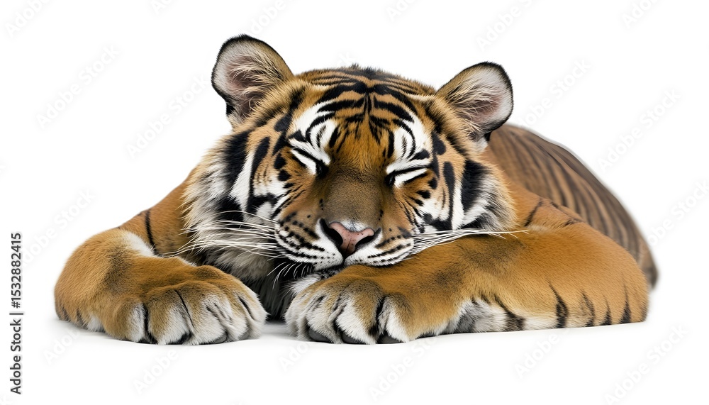 Obraz premium A sleeping tiger rests against a white background.