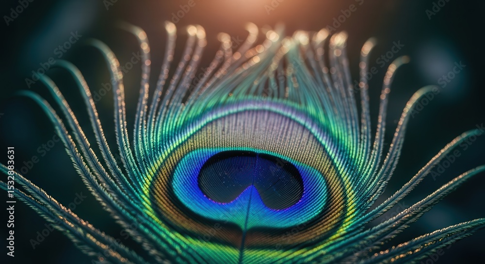 Naklejka premium Colorful Peacock Feather Closeup with Iridescent Blue Green and Gold Details in Soft Light