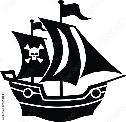 Silhouette of a Pirate Ship with Sails and Skull Flag Corsair Ship