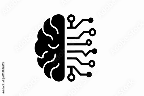 Silhouette AI Brain and Gear Hybrid with Cloud Computing and Data Nodes Vector Illustration of Artificial Intelligence Integration and Cloud Network Infrastructure