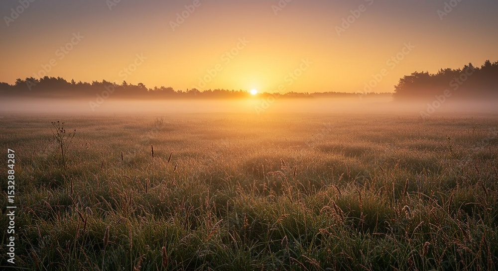 Fototapeta premium Golden Meadow Fog at Sunrise