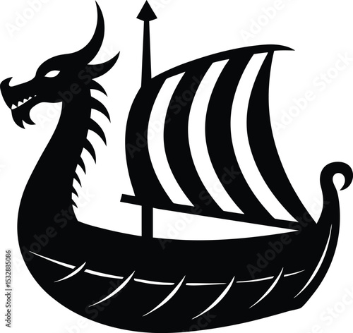 Silhouette of a Viking Longship with Dragon Head and Sails Norse Ship