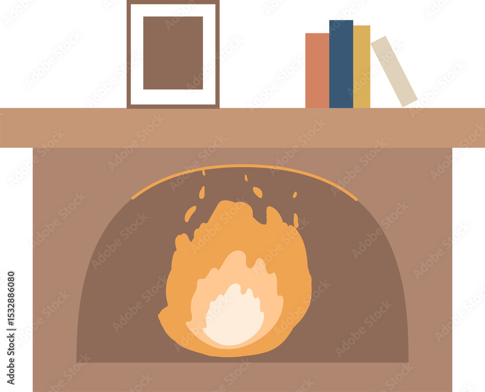 Obraz premium Flat design arched fireplace burning flame on mantel with books and frame, transparent background