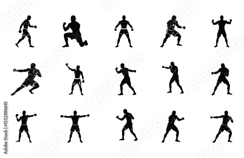 Boxing Silhouettes Set Featuring Dynamic Athletic Poses, Action Stances, and Powerful Boxing Movements for Fitness, Sports, and Martial Arts Illustrations