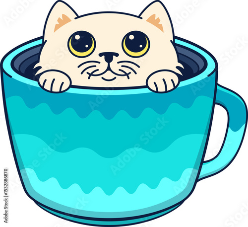 Fototapeta Naklejka Na Ścianę i Meble -  Cream-colored cat is peeking from wavy turquoise mug in flat illustration, transparent background