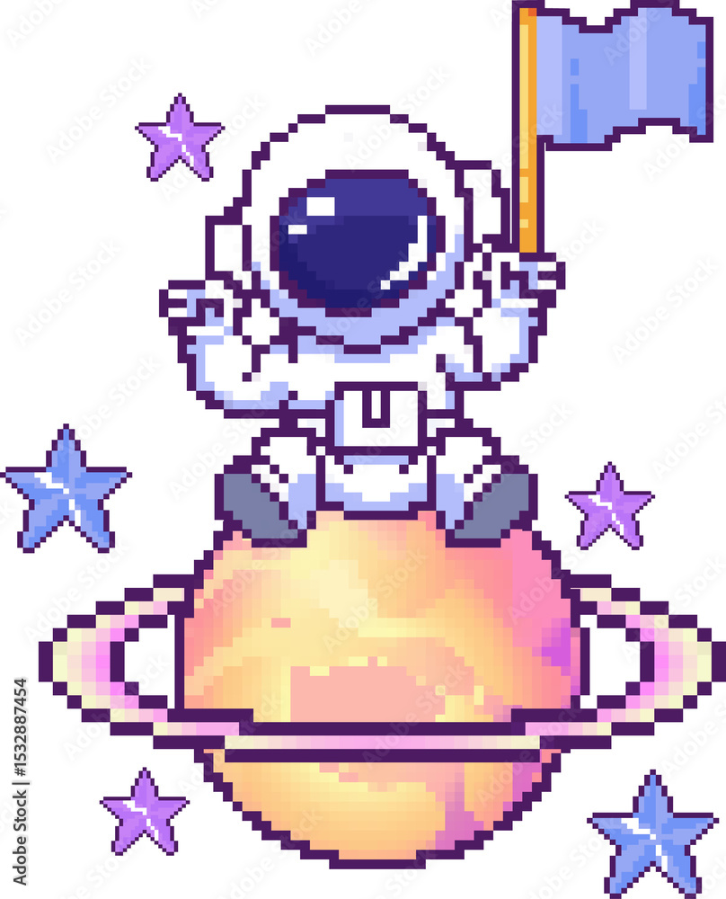 Fototapeta premium 8-bit astronaut is planting flag on pastel orange-pink ringed planet among stars, clear backdrop