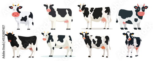 Set of cow Flat Vector Illustration on Transparent Background	
