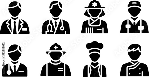Professions icons set vector illustration doctor firefighter chef worker occupation career job 100 character editable stock vector illustration